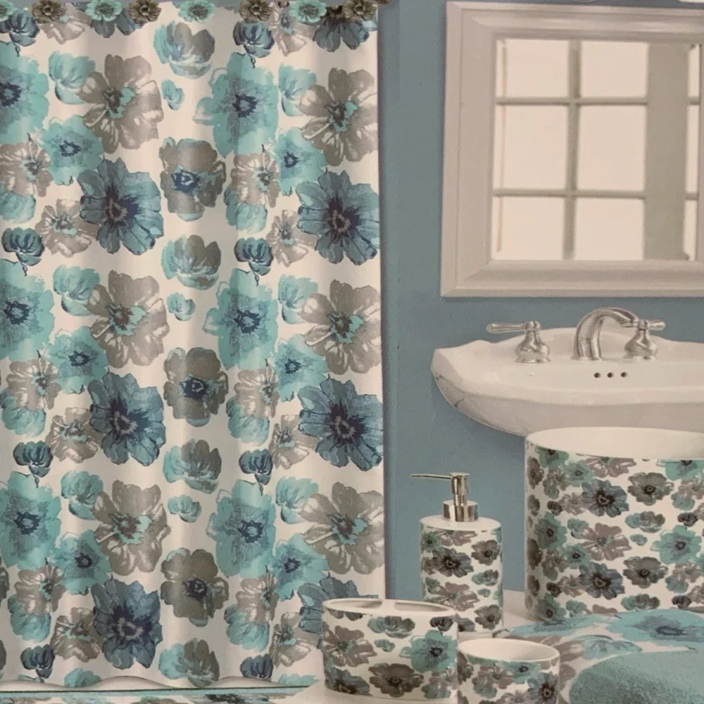 Floral Bath Accessory Ceramic Set Sun Splash Collection White Blue 4 Piece Set